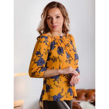 Splívající halenka ve volnějším střihu s květinami VS-DB 1912 - hořčicová, VELIKOST L/XL