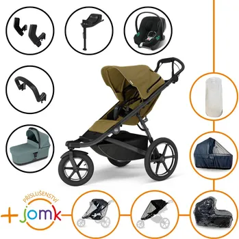 Kočárek Set 11v1 Thule Urban Glide 3 Nutria green + madlo + korbička Mid blue + JOMK příslušenství + autosedačka Cybex s ISOFIX základnou a adaptéry Thule