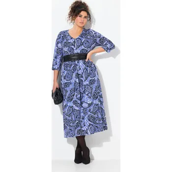 Dámské šaty Ulla Popken, Plus size Šaty, kašmírový vzor, A střih, výstřih do V, 3/4 rukávy pro plnoštíhlé nadměrná velikost, 838082130-1128, modrý, 42/44, Nadměrné velikosti, Plus size oblečení, Oblečení pro boubelky, Oblečení pro baculky, Oblečení pro plnoštíhlé, Ob