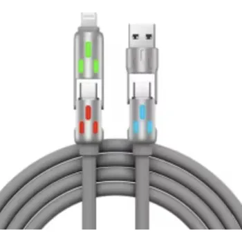 Datový kabel Odolný LED multifunkční 91cm kabel 4 v 1, USB, USB-C, Lightning - fialový