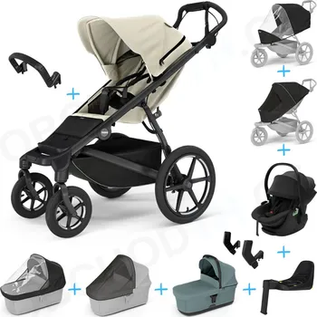 Kočárek Set 10v1 Thule Urban Glide 4-wheel Soft beige + madlo + korbička Mid blue + pláštěnky a moskytiéry Thule + Autosedačka Thule Maple Black s ISOFIX základnou Thule Alfi a adaptéry
