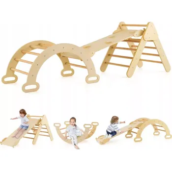 Dětská houpačka Dětská dřevěná sestava - dřevěné domácí dětské hřiště - sestava 1. Dřevěná dětská Montessori houpačka 2. Dřevěný piklerův trojúhelník s lezeckou stěnou a skluzavkou 3v1 38 x 98 cm