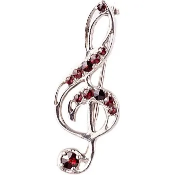 Brož granát - stříbrná brož - houslový klíč (5172) povrchová úprava: rhodiované