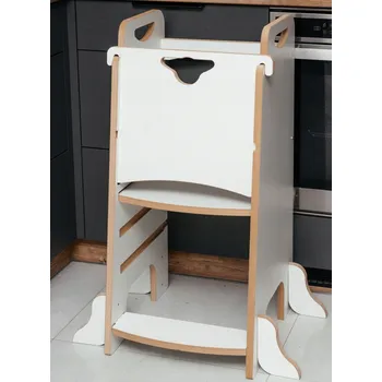 učicí věž KIDSWOOD Dřevěná učící věž + jídelní židlička Kitchen helper Montessori KIDSWOOD 2v1 bílá