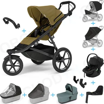 Kočárek Set 10v1 Thule Urban Glide 3 Nutria green + madlo + korbička Mid blue + pláštěnky a moskytiéry Thule + Autosedačka Thule Maple Black s ISOFIX základnou Thule Alfi a adaptéry