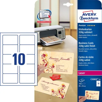 Samolepící etiketa AVERY Vizitky Quick&Clean s oblými hranami, laser, 85x54 mm, 220g, 25 listů, C32025-25