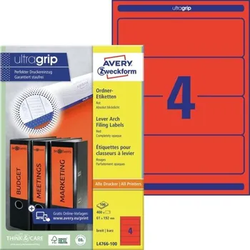 Samolepící etiketa AVERY Etikety na krátké, široké pořadače, 61 x 192 mm, 100 listů, A4, červené - L4766-100