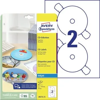 Speciální papír Etikety na CD AVERY pro inkoust, průměr 117 mm, 25 listů, A4, bílé - J8676-25