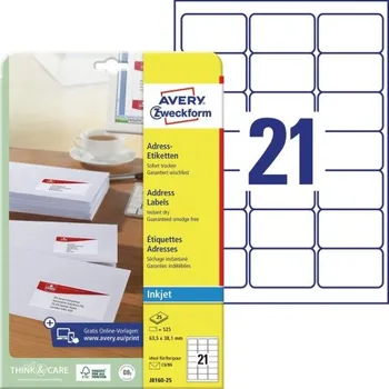 Samolepící etiketa AVERY Adresní etikety pro inkoust, 63,5x38,1 mm, 25 listů, A4, bílé - J8160-25