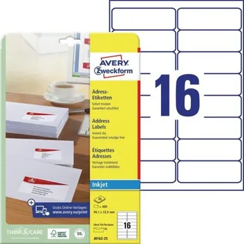 Speciální papír AVERY Adresní etikety pro inkoust, 99,1x33,9 mm, 25 listů, A4, bílé - J8162-25