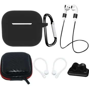 Sluchátka Silicone Case sada pro AirPods 3 s pouzdrem, háčkem na ucho, řemínkem na krk, držákem řemínku hodinek a karabinou, černá