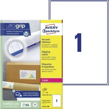 Samolepící etiketa AVERY Adresní etikety QuickPEEL pro laser, 199,6x289,1 mm, 100 listů, A4, bílé - L7167-100