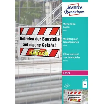 Speciální papír AVERY ZWECKFORM fólie 210x 297mm, A4, bílé bez lepidla, voděodolné, 100ks laser potisk