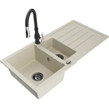 Granitový dřez MEXEN/S - Andres granitový dřez s odkapávačem včetně baterie Savita, béžová 6515-69-672601-70