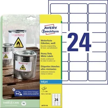 Samolepící etiketa Avery Zweckform etikety 63.5mm x 33.9mm, A4, bílé, 24 etiket, velmi odolné, baleno po 10 k