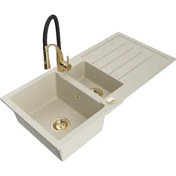 Granitový dřez MEXEN/S - Andres granitový dřez s odkapávačem včetně baterie Aster, béžová 6515-69-73450-57-G