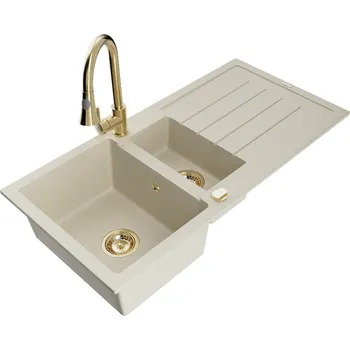 Granitový dřez MEXEN/S - Andres granitový dřez s odkapávačem včetně baterie Elia, béžová 6515-69-670101-50