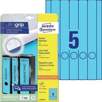 Samolepící etiketa Etikety AVERY na dlouhé, úzké pořadače, 38x297 mm, 20 listů, A4, modré - L4749-20