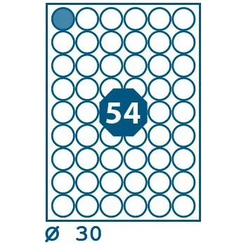 Samolepící etiketa Print etikety kruh průměr 30 mm 54 etiket na A4 100 listů, bílé - V0001984