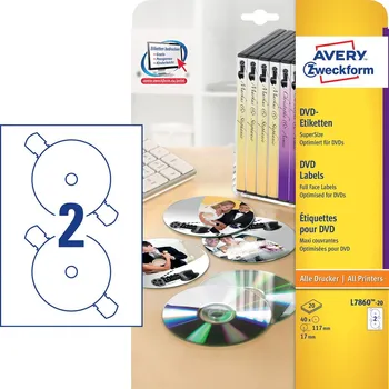 Samolepící etiketa Etikety na DVD Super Size AVERY, průměr 117 mm, 20 listů, A4, bílé - L7860-20
