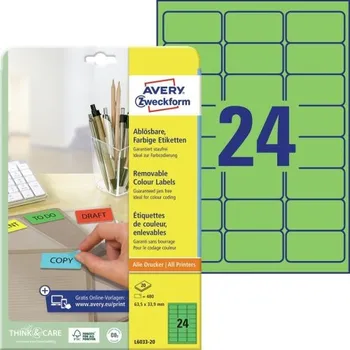 Samolepící etiketa Mini etikety AVERY snímatelné, 63,5x33,9 mm, 20 listů, zelené - L6033-20