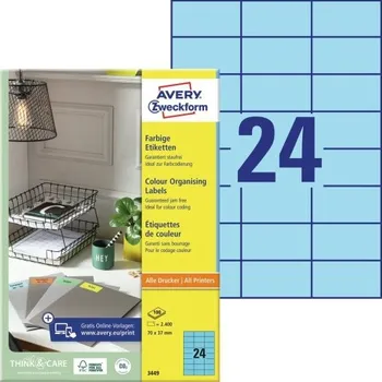 Samolepící etiketa AVERY ZWECKFORM 70x37mm, 100 listů, Barevné univerzální etikety A4, modré - 3449