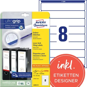 Samolepící etiketa AVERY Etikety na krátké, úzké pořadače, 34x192 mm, 25 listů, A4, bílé - L6060-25