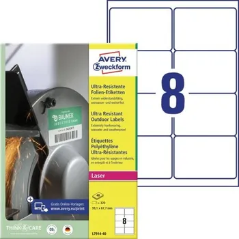 Papír Avery Zweckform etikety 99.1mm x 67.7mm, A4, bílé, 8 etiket, velmi odolné, baleno po 40 ks