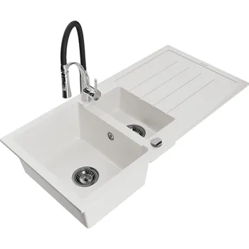 Granitový dřez MEXEN/S - Andres granitový dřez s odkapávačem včetně baterie Aster, bílá 6515-20-73450-07-B