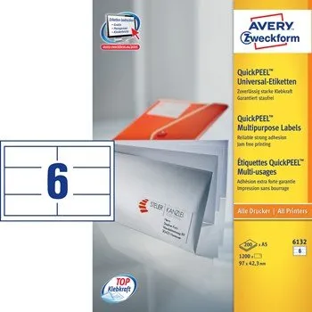 Samolepící etiketa Univerzální etikety AVERY QuickPEEL, 97x42,3 mm, 200 listů, A5, bílé - 6132