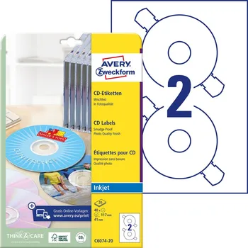 Speciální papír Etikety na CD AVERY pro inkoust, průměr 117 mm, 20 listů, A4, bílé - C6074-20