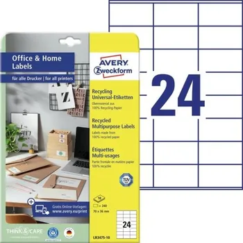 Samolepící etiketa Univerzální etikety AVERY recyklované, 70x36 mm, 10 listů, A4, bílé - LR3475-10