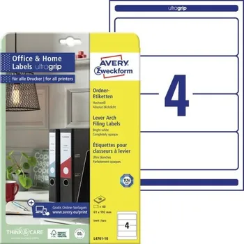 Papír Etikety AVERY na krátké, široké pořadače, 61x192 mm, 10 listů, A4, bílé - L4761-10