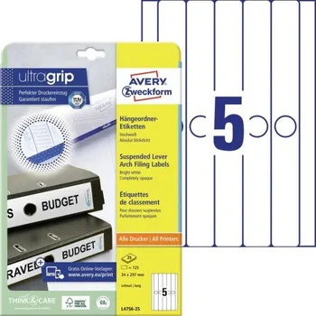 Samolepící etiketa AVERY Etikety na pořadače 34x297mm, bílá, 5ks, Potisk Inkoust Laser 25A4