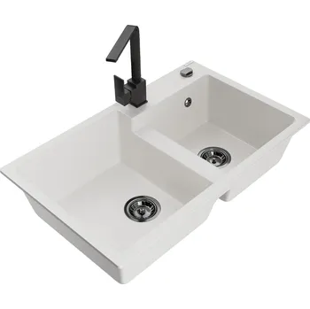 Granitový dřez MEXEN/S - Tomas granitový dřez 2-bowl včetně baterie Rita, bílá 6516-20-670300-70