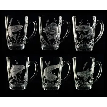 hrníček na čaj 6 ks s rytinou ryb - ručně ryté (broušené) dárková krabička, dárek pro rybáře