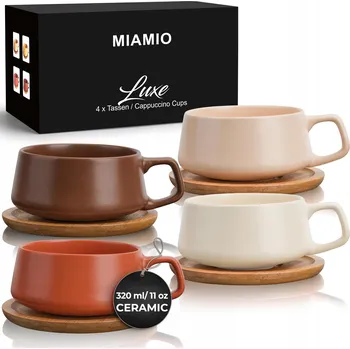 MIAMIO sada 4 keramických šálků na čaj s bambusovými podtácky 320 ml 4 ks oranžová