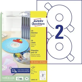 Samolepící etiketa AVERY Etikety na CD průměr 117 mm, 25 listů, A4, bílé - L6043-25