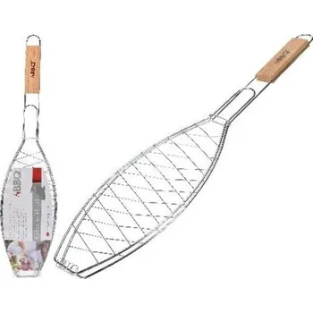 Grilovací rošt opékač na rybu 58*14cm BBQ dřevěná rukojeť 385268