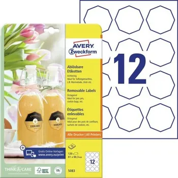 Samolepící etiketa Snímatelné etikety, osmiúhelníkové, bílé, 61x60,3 mm, Avery Zweckform - 5083
