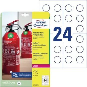 Kancelářské potřeby AVERY Revizní štítky s ochranou průměr 30 mm, pro laser, 10 listů, A4 bílé - L7802-10