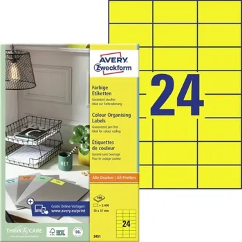 Samolepící etiketa AVERY ZWECKFORM 70x37mm, 100 listů, A4, Barevné univerzální etikety žluté - 3451