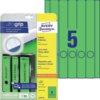Samolepící etiketa Etikety AVERY na dlouhé, úzké pořadače, 38x297 mm, 20 listů, A4, zelené - L4750-20