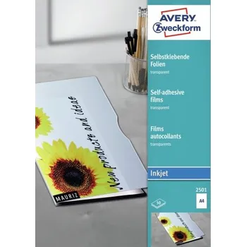 Samolepící etiketa AVERY Čiré samolepicí fólie pro inkoust, 0,17 mm, 50 archů, A4 - 2501