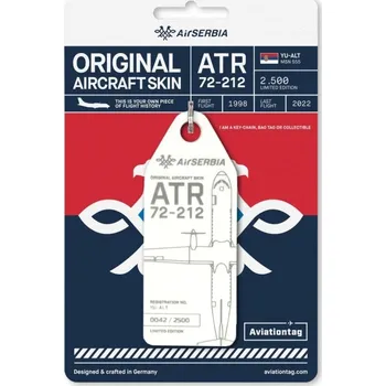 Přívěsek AviationTag - přívěsek ze skutečného letadla ATR 72 Air Serbia - YU-ALT - bílá
