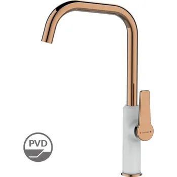 Vodovodní baterie Kuchinox Laveo Alanis, vysoká dřezová baterie s výlevkou ve tvaru L, bílá-růžové zlato, LAV-BQI_665D