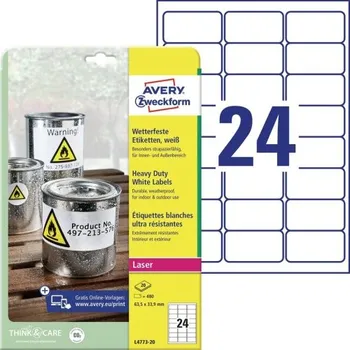 Samolepící etiketa Avery Zweckform etikety 63.5mm x 33.9mm, A4, bílé, 24 etiket, velmi odolné, baleno po 20 k
