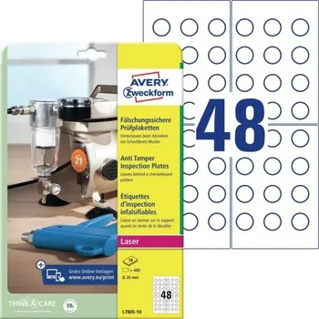 Samolepící etiketa AVERY Revizní štítky s ochranou průměr 20 mm, pro laser, 10 listů, A4 bílé - L7805-10