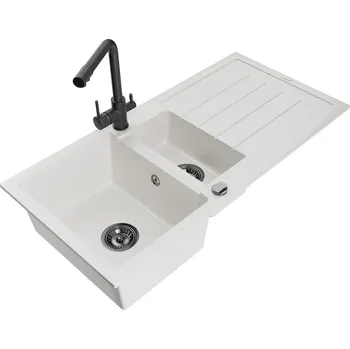 Granitový dřez MEXEN/S - Andres granitový dřez s odkapávačem včetně baterie Duero, bílá 6515-20-671600-70