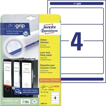 Samolepící etiketa AVERY Etikety na krátké, široké pořadače, 59x192 mm, 25 listů, A4, bílé - L6061-25